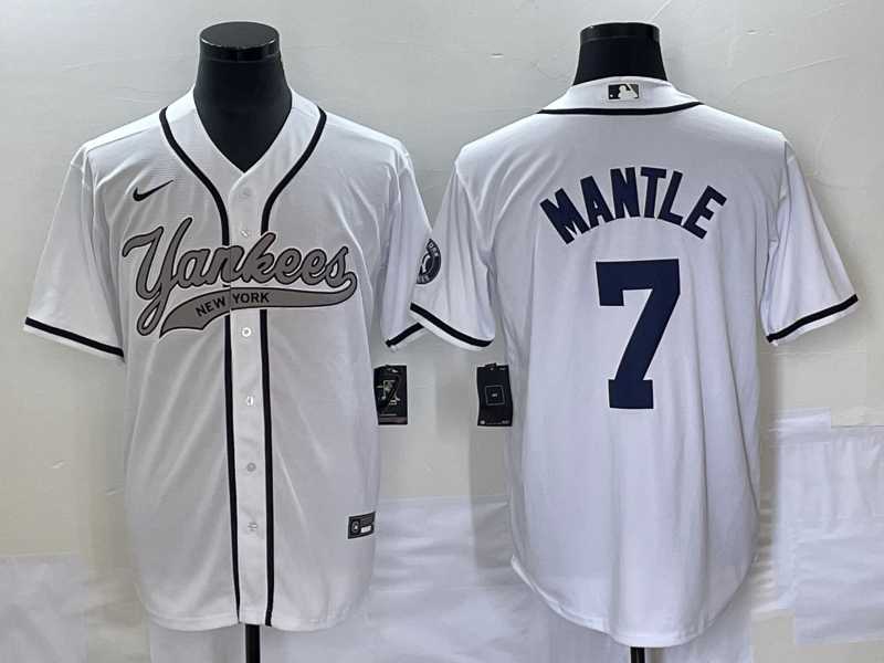 Mens New York Yankees #7 Mickey Mantle White With Patch Cool Base Stitched Baseball Jersey